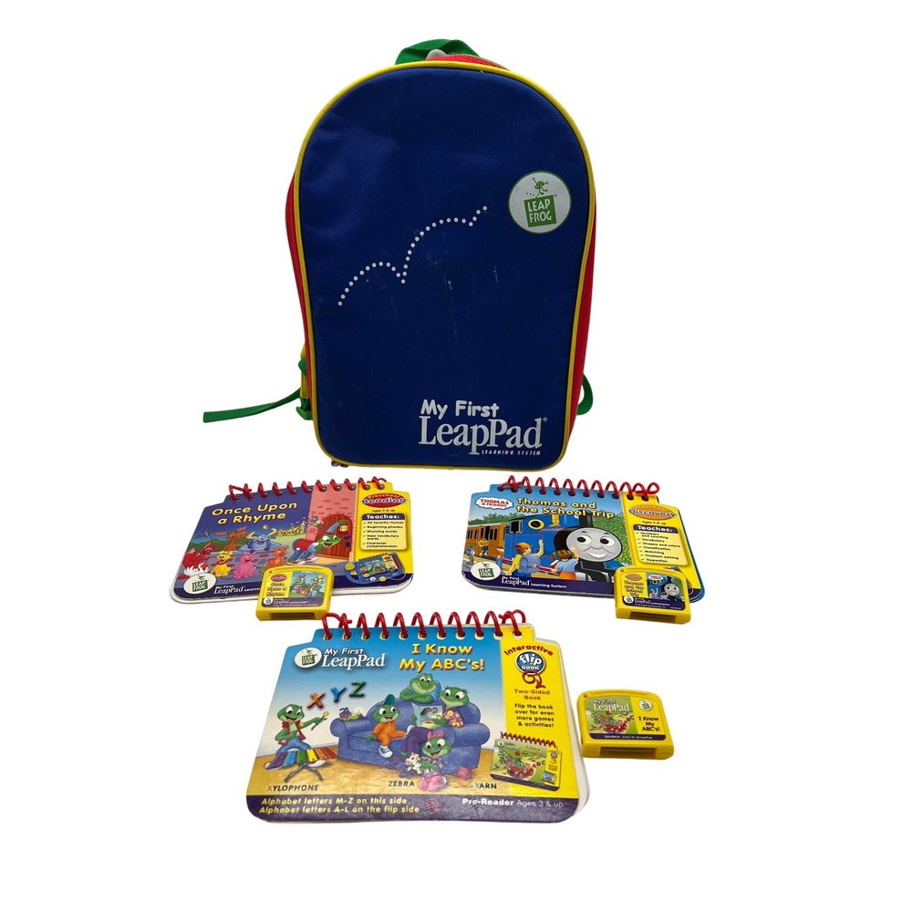 VTG LeapFrog My First LeapPad Backpack Case Kids Lot 3 Books and Cartridges Y2K